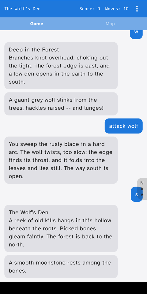 IFMachine in chat-bubble mode, with player commands and responses styled like a messaging app.