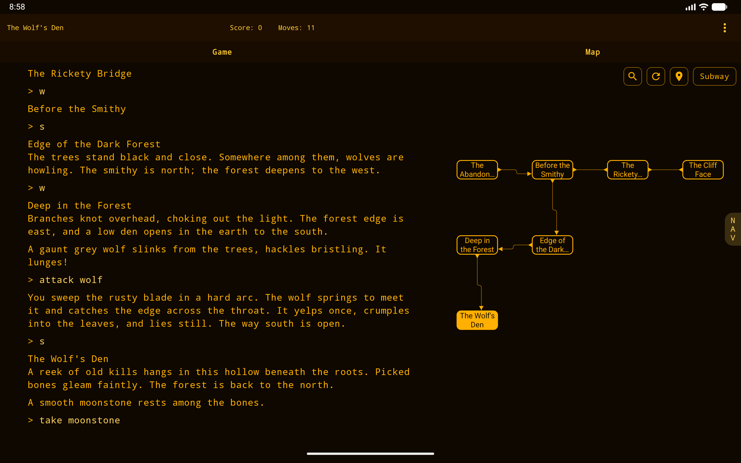 IFMachine on a tablet in the amber retro theme, with the story and map side by side.