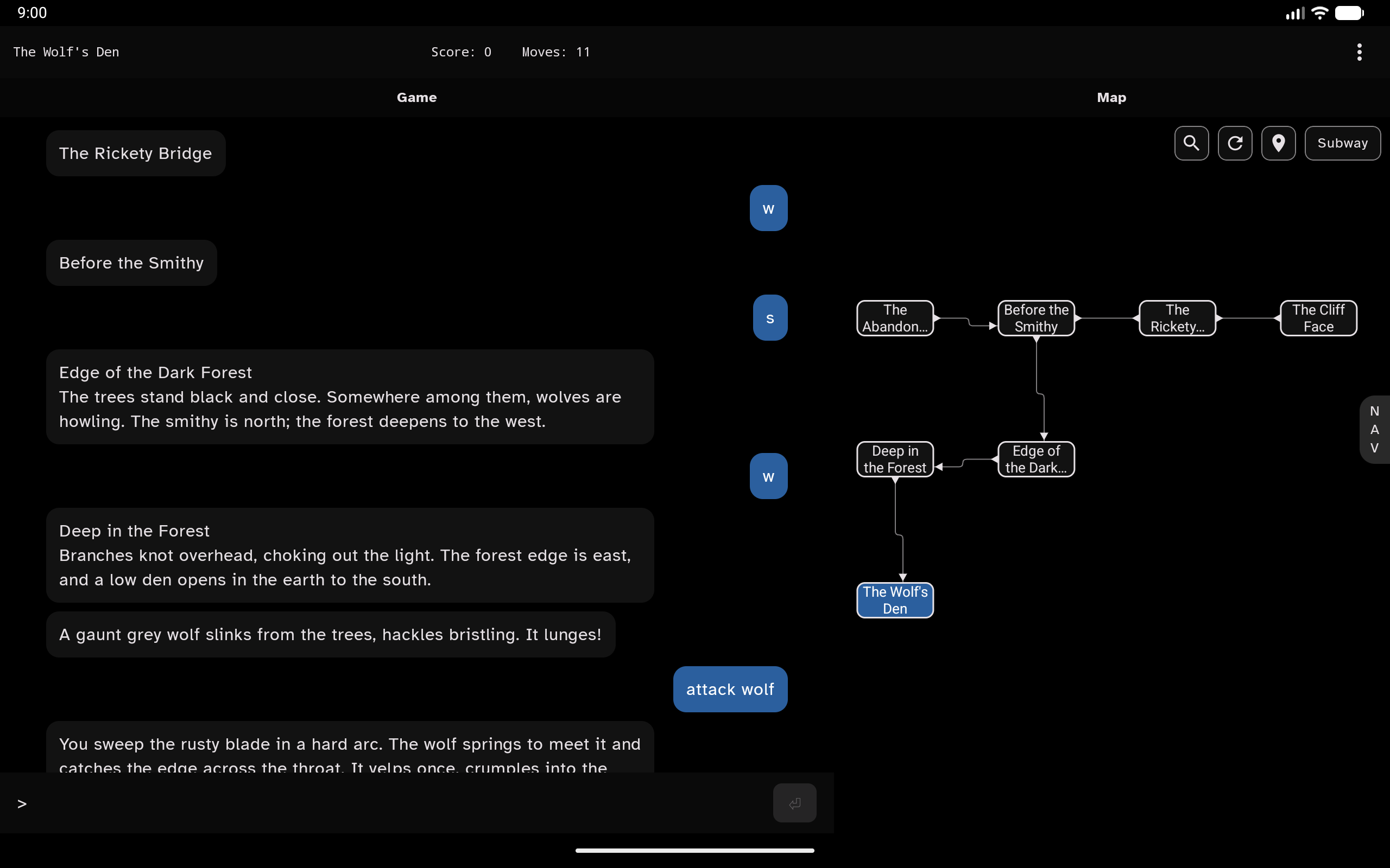 IFMachine on a tablet in the dark reading theme, with the story and map side by side.