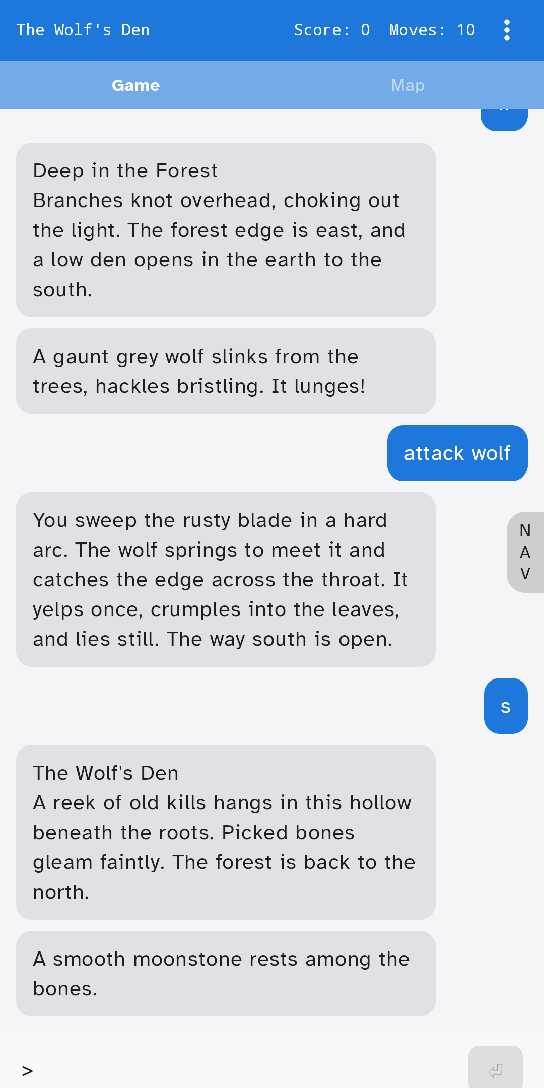 IFMachine in messages mode, with player commands and story responses styled like a chat app.
