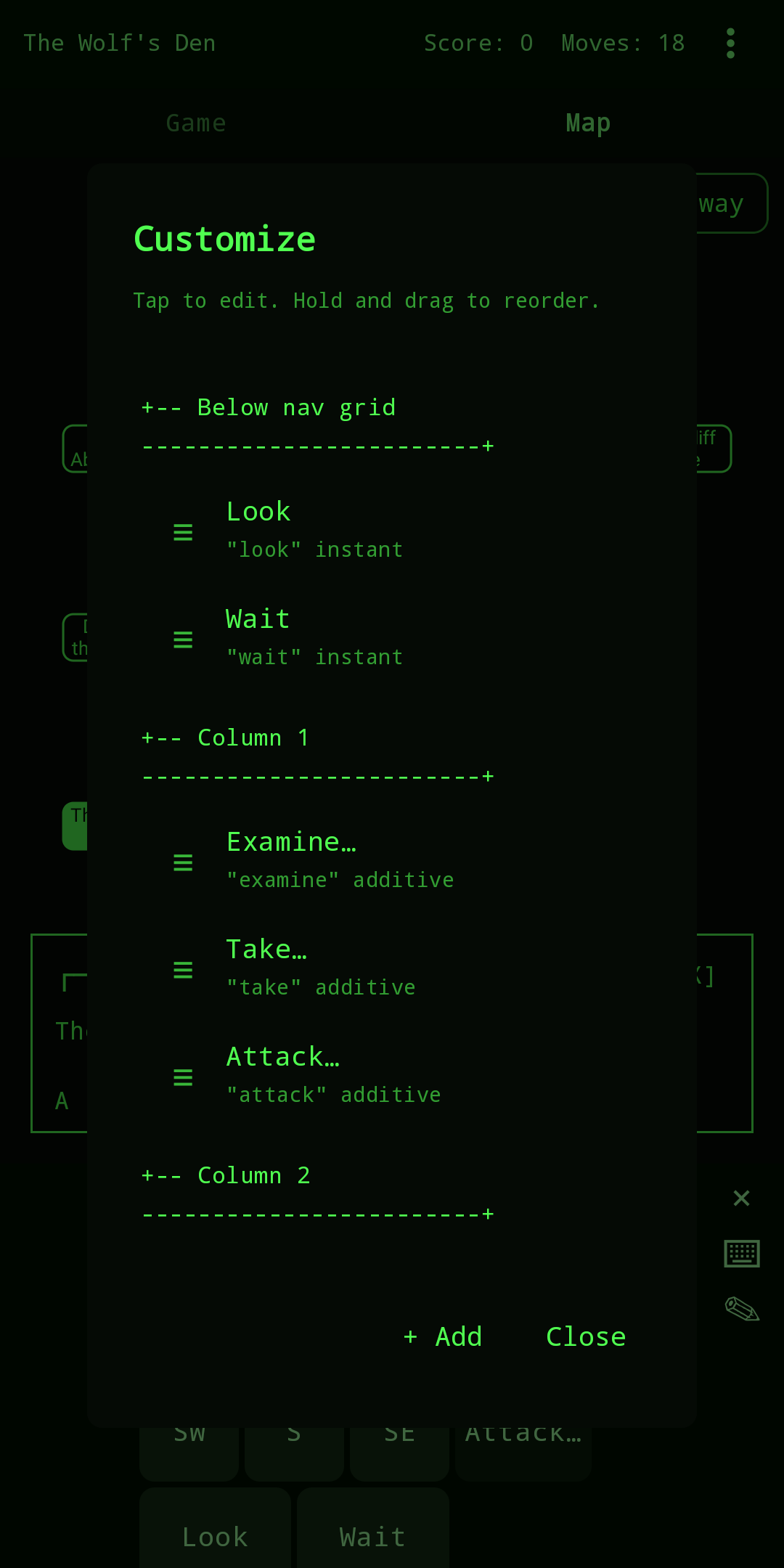 The customize screen for tap controls, where you edit and reorder one-tap commands.