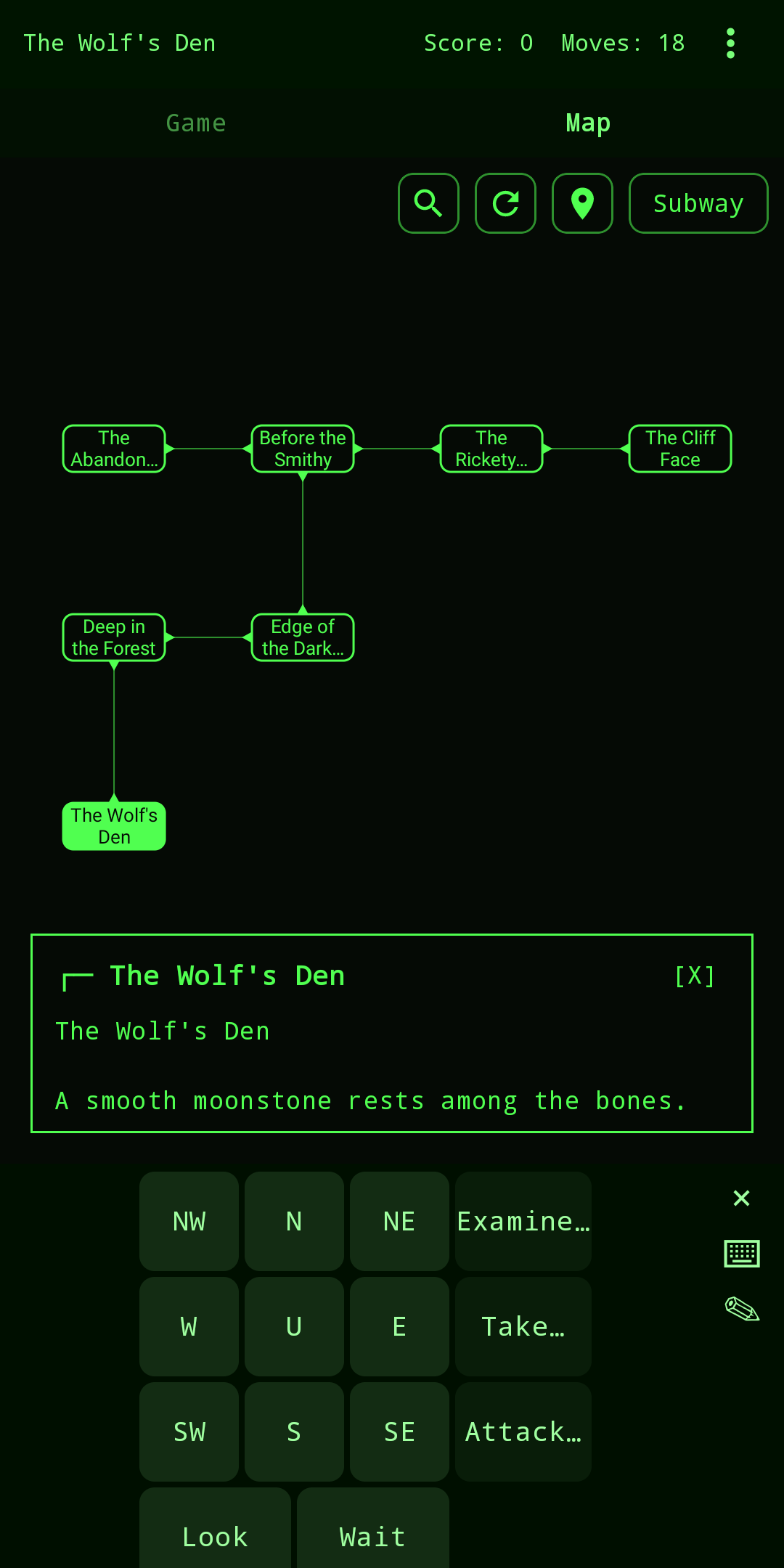 The automatic map, showing rooms you have visited connected subway-style, with a command grid below.