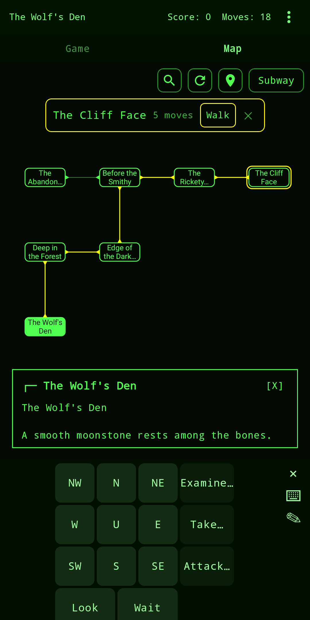 The automatic map plotting a walking route to a previously visited room.